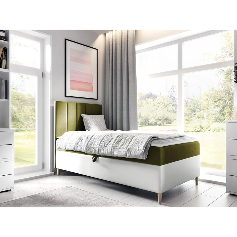 Hotelová jednolůžková postel 90x200 ROCIO 1 - bílá ekokůže / khaki, pravé provedení + topper ZDARMA