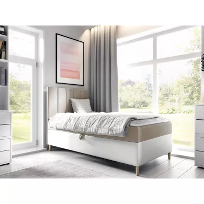 Hotelová jednolůžková postel 90x200 ROCIO 1 - bílá ekokůže / béžová, pravé provedení + topper ZDARMA