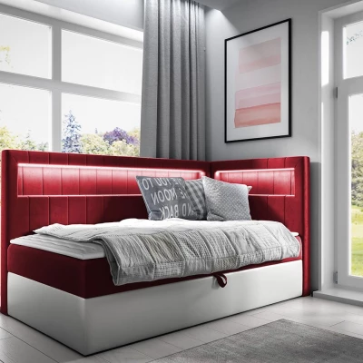 Kontinentální jednolůžková postel 90x200 RAMIRA 3 - bílá ekokůže / červená, pravé provedení + topper ZDARMA