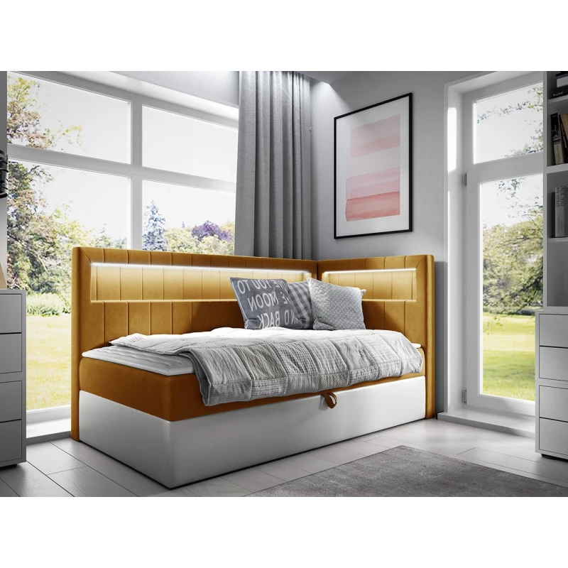 Kontinentální jednolůžková postel 90x200 RAMIRA 3 - bílá ekokůže / žlutá, pravé provedení + topper ZDARMA