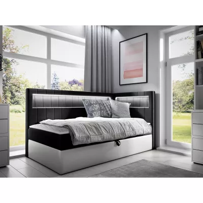 Kontinentální jednolůžková postel 90x200 RAMIRA 3 - bílá ekokůže / černá, pravé provedení + topper ZDARMA