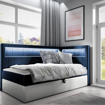 Kontinentální jednolůžková postel 90x200 RAMIRA 3 - bílá ekokůže / modrá 1, pravé provedení + topper ZDARMA