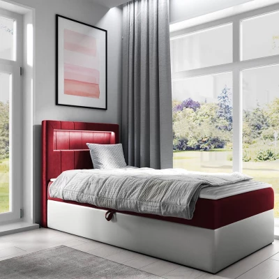 Kontinentální jednolůžková postel 90x200 RAMIRA 1 - bílá ekokůže / červená, pravé provedení + topper ZDARMA