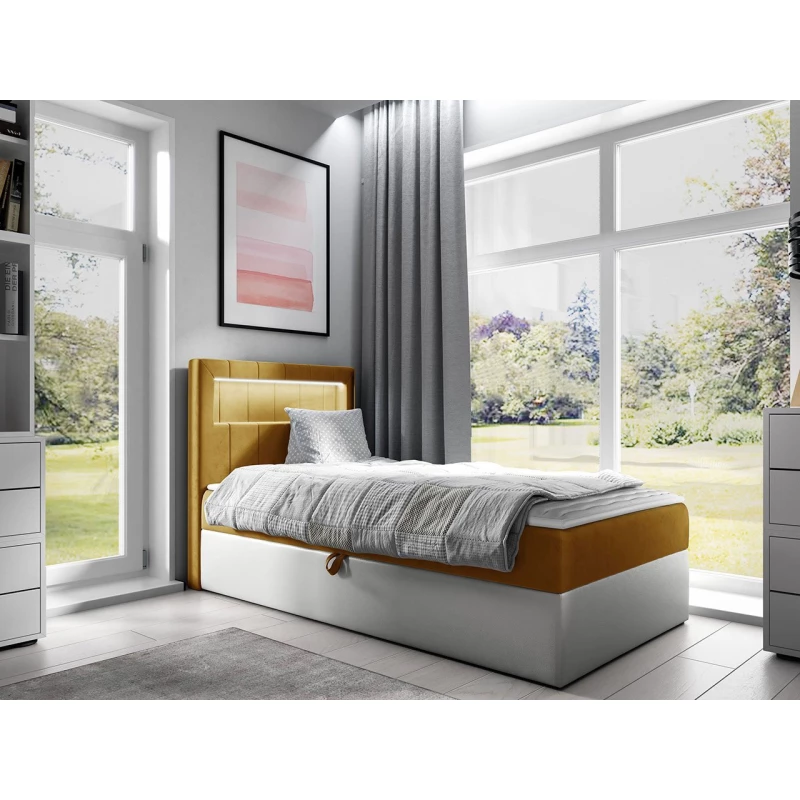 Kontinentální jednolůžková postel 90x200 RAMIRA 1 - bílá ekokůže / žlutá, pravé provedení + topper ZDARMA