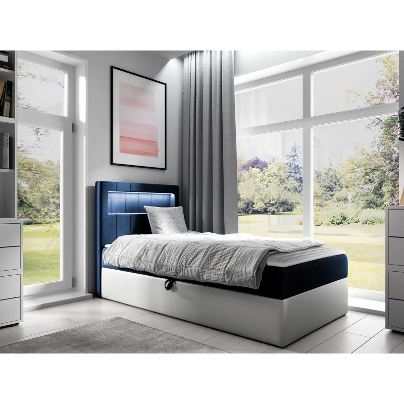 Kontinentální jednolůžková postel 90x200 RAMIRA 1 - bílá ekokůže / modrá 1, pravé provedení + topper ZDARMA