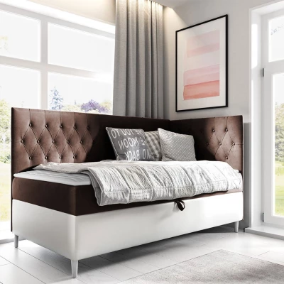 Boxspringová jednolůžková postel 90x200 PORFIRO 3 - bílá ekokůže / hnědá 1, pravé provedení + topper ZDARMA