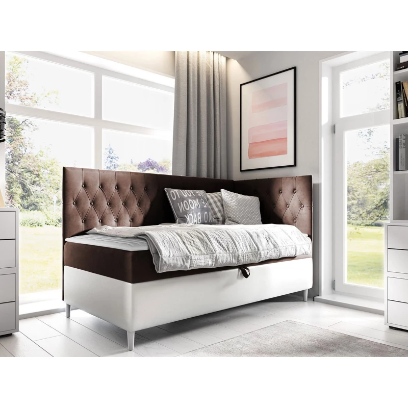 Boxspringová jednolůžková postel 90x200 PORFIRO 3 - bílá ekokůže / hnědá 1, pravé provedení + topper ZDARMA