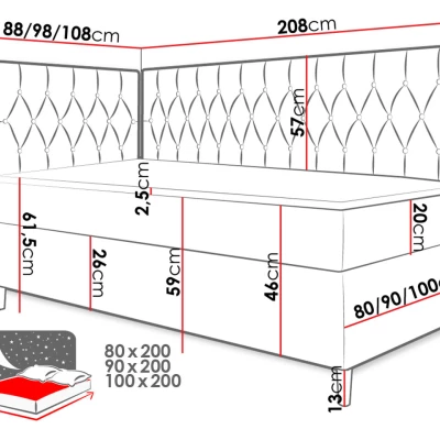 Boxspringová jednolůžková postel 90x200 PORFIRO 3 - bílá ekokůže / červená, pravé provedení + topper ZDARMA
