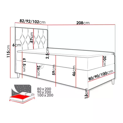 Boxspringová jednolůžková postel 90x200 PORFIRO 1 - bílá ekokůže / červená, pravé provedení + topper ZDARMA