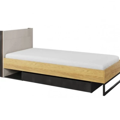 Jednolůžková postel se zásuvkou 90x200 cm SONRISA - ořech hickory / dub riviera / silk flow