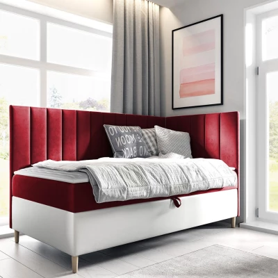 Boxspringová jednolůžková postel 80x200 ROCIO 3 - bílá ekokůže / červená, pravé provedení + topper ZDARMA