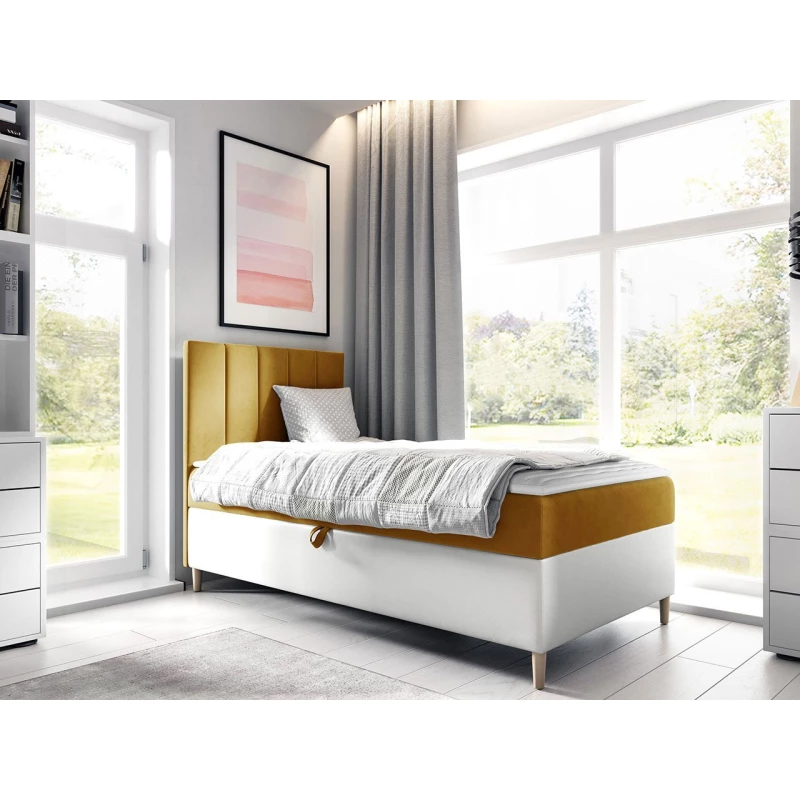 Hotelová jednolůžková postel 80x200 ROCIO 1 - bílá ekokůže / žlutá, pravé provedení + topper ZDARMA