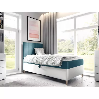 Hotelová jednolůžková postel 80x200 ROCIO 1 - bílá ekokůže / modrá 2, pravé provedení + topper ZDARMA