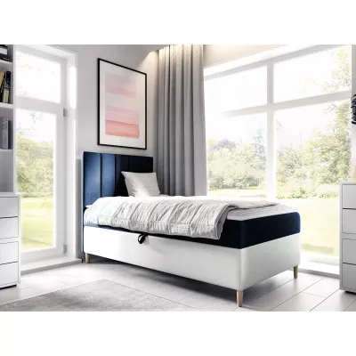Hotelová jednolůžková postel 80x200 ROCIO 1 - bílá ekokůže / modrá 1, pravé provedení + topper ZDARMA