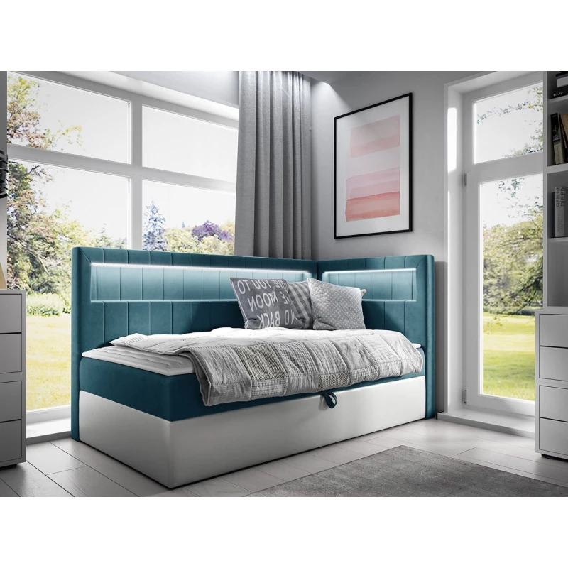 Kontinentální jednolůžková postel 80x200 RAMIRA 3 - bílá ekokůže / modrá 2, pravé provedení + topper ZDARMA