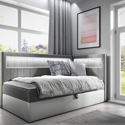 Kontinentální jednolůžková postel 80x200 RAMIRA 3 - bílá ekokůže / šedá, pravé provedení + topper ZDARMA