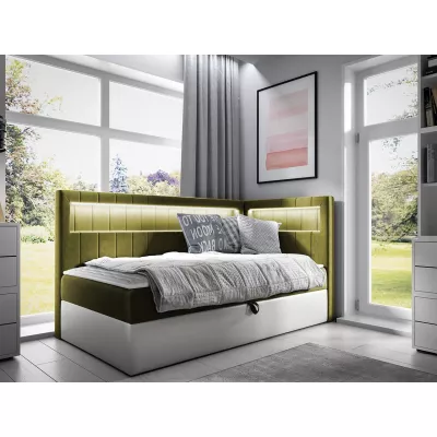 Kontinentální jednolůžková postel 80x200 RAMIRA 3 - bílá ekokůže / khaki, pravé provedení + topper ZDARMA