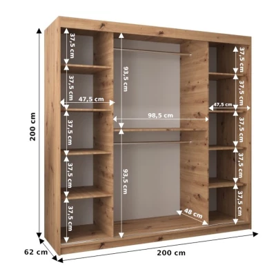 Šatní zrcadlová skříň ADELA - 200 cm, bílá / dub sonoma