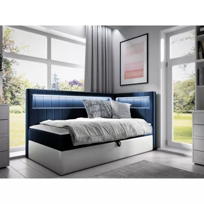 Kontinentální jednolůžková postel 80x200 RAMIRA 3 - bílá ekokůže / modrá 1, pravé provedení + topper ZDARMA
