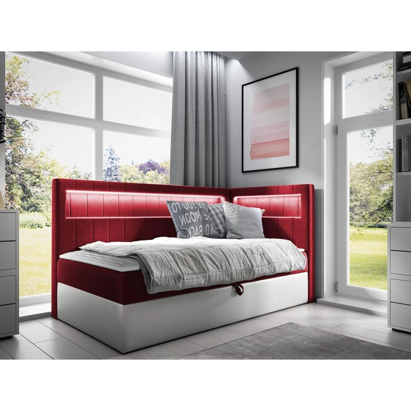 Kontinentální jednolůžková postel 100x200 RAMIRA 3 - bílá ekokůže / červená, pravé provedení + topper ZDARMA