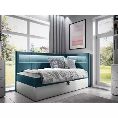 Kontinentální jednolůžková postel 100x200 RAMIRA 3 - bílá ekokůže / modrá 2, pravé provedení + topper ZDARMA