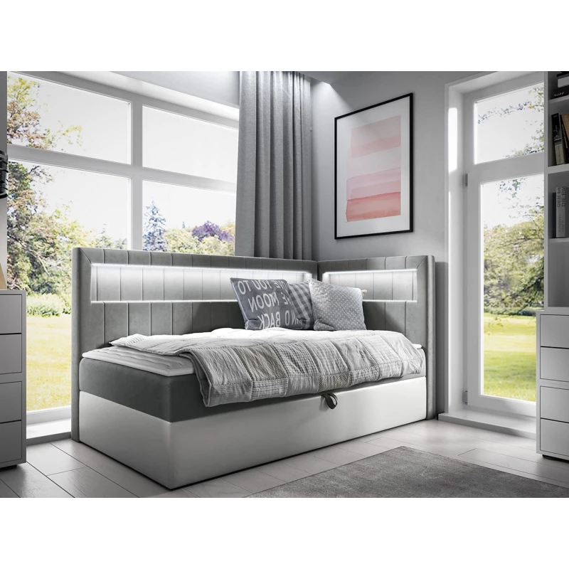 Kontinentální jednolůžková postel 100x200 RAMIRA 3 - bílá ekokůže / šedá, pravé provedení + topper ZDARMA