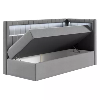 Kontinentální jednolůžková postel 80x200 RAMIRA 3 - bílá ekokůže / khaki, pravé provedení + topper ZDARMA