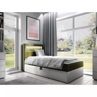 Kontinentální jednolůžková postel 80x200 RAMIRA 1 - bílá ekokůže / khaki, pravé provedení + topper ZDARMA