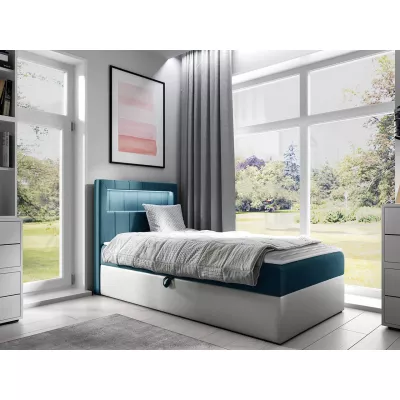 Kontinentální jednolůžková postel 100x200 RAMIRA 1 - bílá ekokůže / modrá 2, pravé provedení + topper ZDARMA