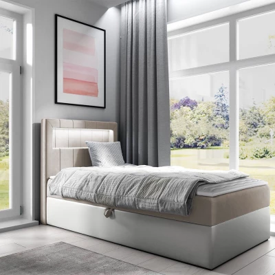 Kontinentální jednolůžková postel 100x200 RAMIRA 1 - bílá ekokůže / béžová, pravé provedení + topper ZDARMA