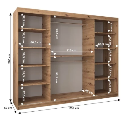 Šatní zrcadlová skříň ADELA - 250 cm, dub sonoma