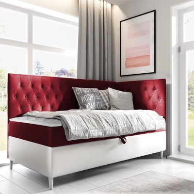 Boxspringová jednolůžková postel 100x200 PORFIRO 3 - bílá ekokůže / červená, pravé provedení + topper ZDARMA