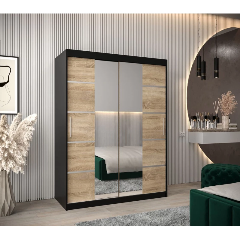 Skříň se zrcadly VIVIEN - šířka 150 cm, černá / dub sonoma