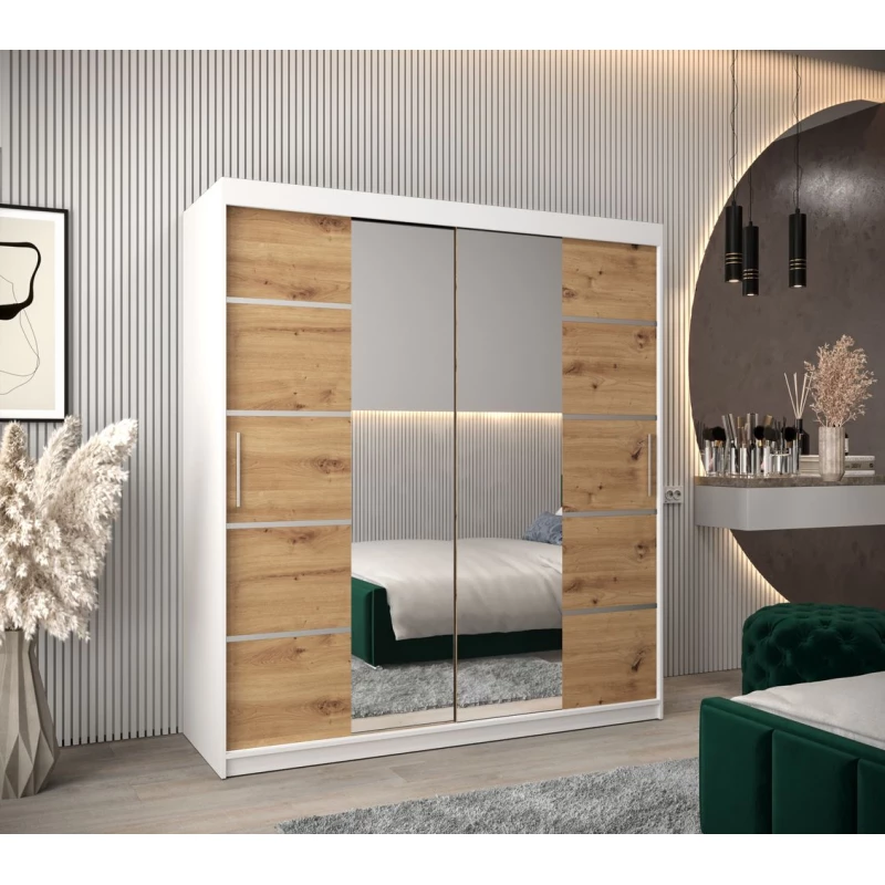 Skříň se zrcadly VIVIEN - šířka 180 cm, bílá / dub artisan