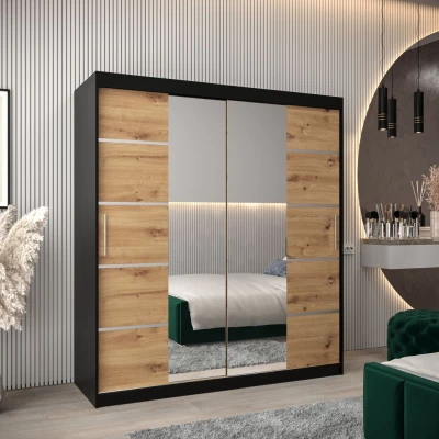 Skříň se zrcadly VIVIEN - šířka 180 cm, černá / dub artisan