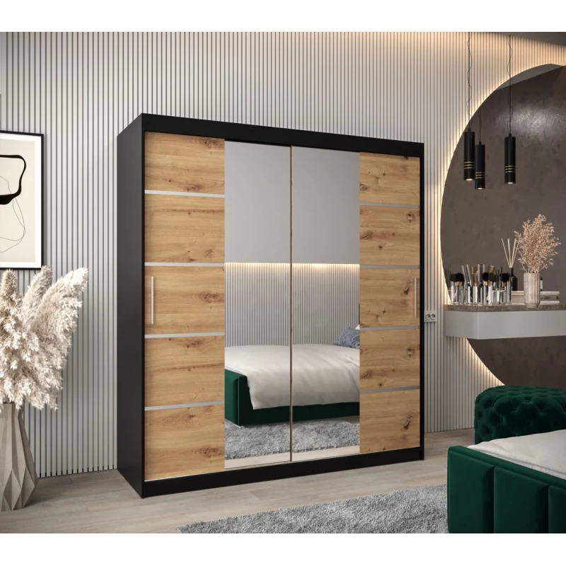 Skříň se zrcadly VIVIEN - šířka 180 cm, černá / dub artisan