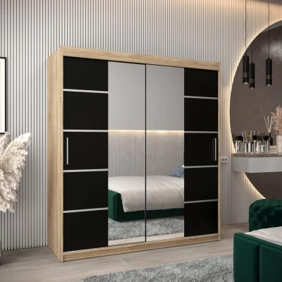 Skříň se zrcadly VIVIEN - šířka 180 cm, dub sonoma / černá