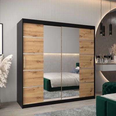 Skříň se zrcadly VIVIEN - šířka 200 cm, černá / dub artisan