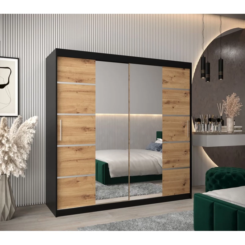 Skříň se zrcadly VIVIEN - šířka 200 cm, černá / dub artisan