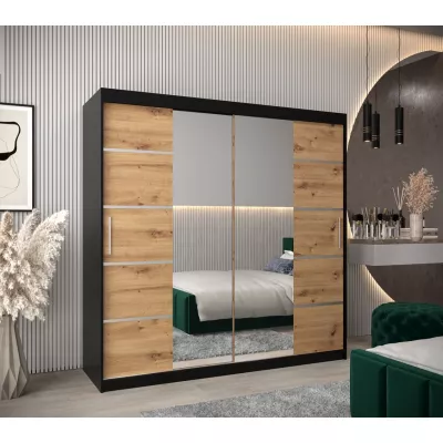 Skříň se zrcadly VIVIEN - šířka 200 cm, černá / dub artisan