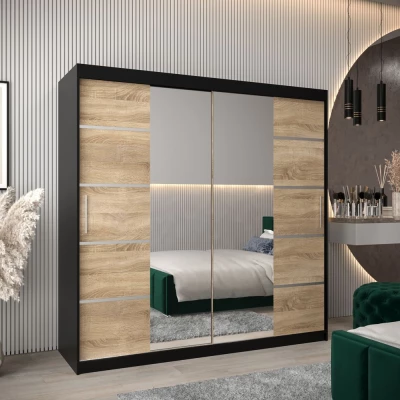 Skříň se zrcadly VIVIEN - šířka 200 cm, černá / dub sonoma