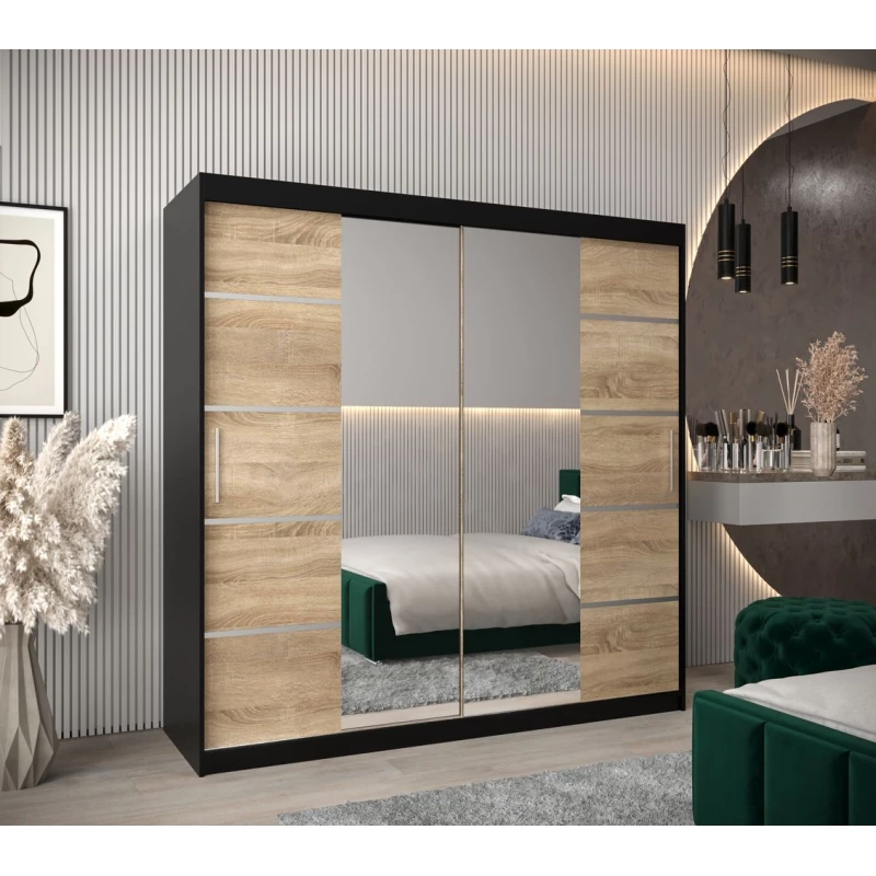 Skříň se zrcadly VIVIEN - šířka 200 cm, černá / dub sonoma