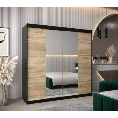 Skříň se zrcadly VIVIEN - šířka 200 cm, černá / dub sonoma