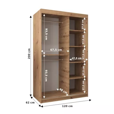 Šatní skříň se zrcadlem KIRA - šířka 120 cm, dub sonoma / bílá