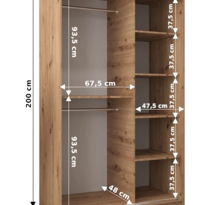 Šatní skříň se zrcadlem KIRA - šířka 120 cm, dub artisan