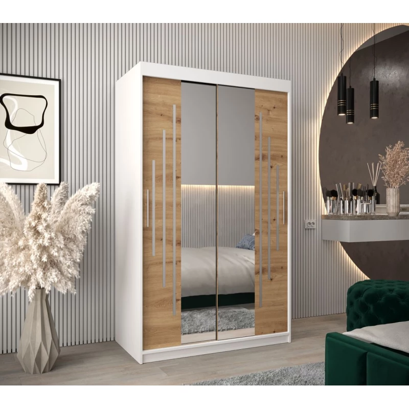 Šatní skříň se zrcadlem KIRA - šířka 120 cm, bílá / dub artisan