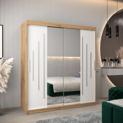 Šatní skříň se zrcadlem EWEHEDVIKA - šířka 180 cm, dub artisan / bílá