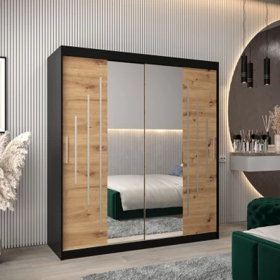 Šatní skříň se zrcadlem EWELINA - šířka 180 cm, černá / dub artisan