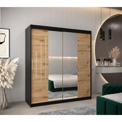 Šatní skříň se zrcadlem EWELINA - šířka 180 cm, černá / dub artisan