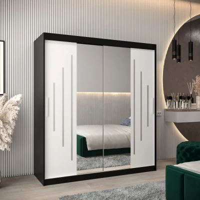 Šatní skříň se zrcadlem EWELINA - šířka 180 cm, černá / bílá